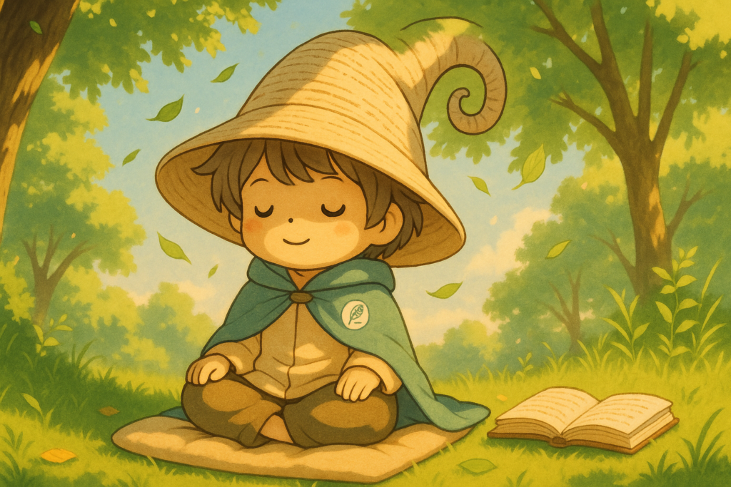 chill-traduction Éloi le Lexiqueur en pleine détente dans une forêt ensoleillée, illustrant le mot "chill" dans un style Ghibli poétique.