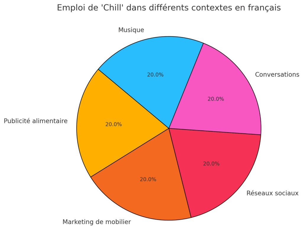 chill-utilisation Graphique illustrant l’emploi du mot 'chill' en français dans la publicité alimentaire, le mobilier, les réseaux sociaux, les conversations et la musique