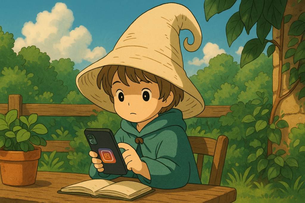 Éloi le Lexiqueur consulte son smartphone à l’abri d’un jardin verdoyant, l’air concentré, illustrant le mot "finsta" dans un univers Ghibli doux et secret.