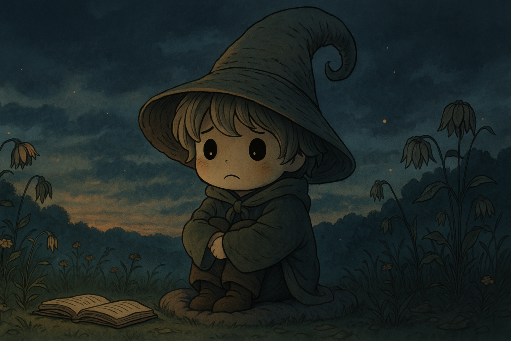 Éloi le Lexiqueur assis seul dans une prairie crépusculaire, l’air mélancolique, entouré de fleurs fanées et d’un livre ouvert, illustrant le mot "glow down" en style Ghibli poétique et expressif.