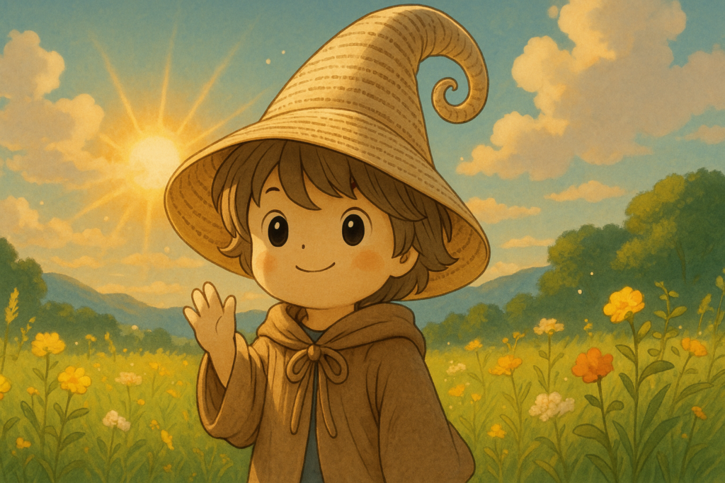 Éloi le Lexiqueur rayonnant au lever du soleil dans un champ fleuri, illustrant le mot "glow up" avec douceur et magie, style Ghibli.