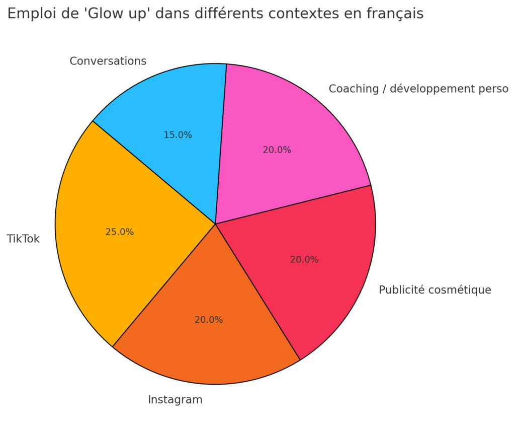 Graphique illustrant l’usage du mot 'glow up' dans les réseaux sociaux, la beauté, le développement personnel et la vie quotidienne