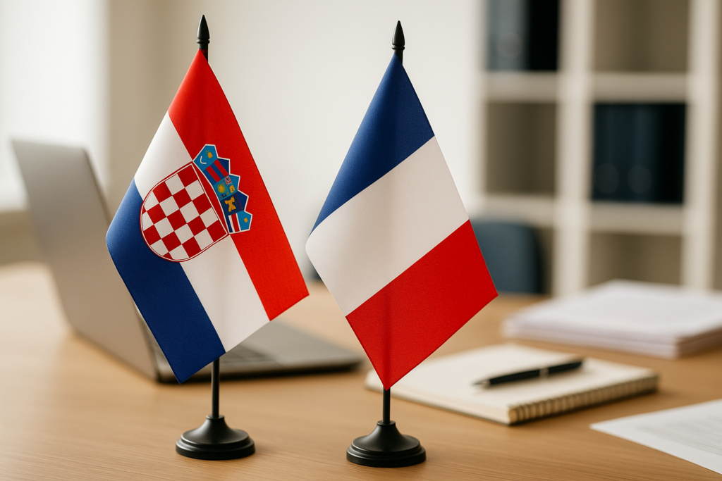 traduction-francais-croate Deux petits drapeaux sur socle représentant la Croatie et la France posés côte à côte sur un bureau en bois clair, avec en arrière-plan un ordinateur portable, un carnet, des documents et une étagère floue.