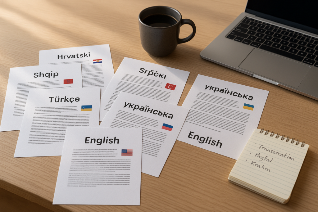 Documents traduits dans différentes langues rares (croate, serbe, albanais, turc, ukrainien, russe, anglais) disposés en éventail sur un bureau en bois clair, avec un ordinateur portable, une tasse de café noir et un carnet de notes en arrière-plan, dans une lumière naturelle apaisante.