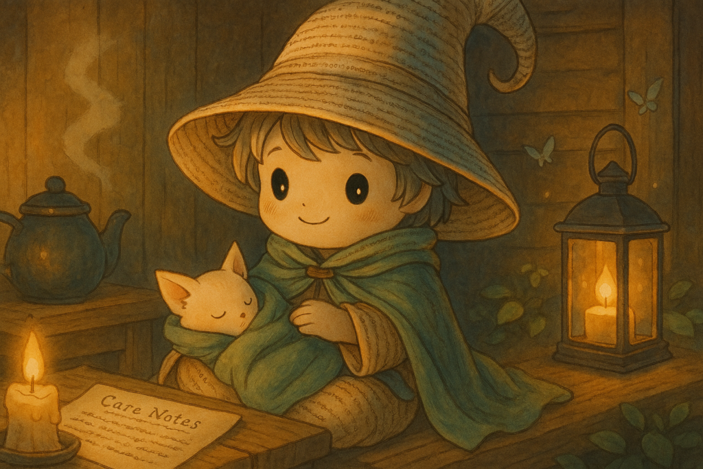 Éloi le Lexiqueur assis dans une pièce chaleureuse, berçant une petite créature endormie à la lueur d’une lanterne, illustrant le mot "aftercare" dans une ambiance Ghibli douce, attentionnée et réconfortante.