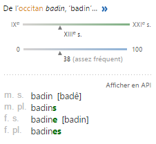 badin-utilisation Origine occitane et fréquence du mot “badin” en français, avec prononciation phonétique et déclinaisons masculines et féminines, singulier et pluriel.