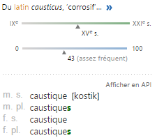 caustique-utilisation Origine latine et fréquence du mot “caustique” en français, avec prononciation phonétique et déclinaisons masculines et féminines, singulier et pluriel.