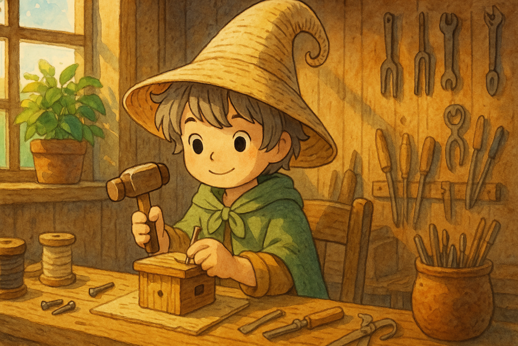 Éloi le Lexiqueur en pleine création manuelle dans un atelier rustique, entouré d’objets recyclés, de pinceaux et de ficelle, illustrant le mot "DIY" dans un style Ghibli chaleureux et artisanal.