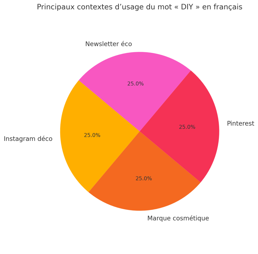 Infographie illustrant les usages courants du mot 'DIY' en français : décoration sur Instagram, box cosmétique, idées pour enfants sur Pinterest, et newsletters écolos axées zéro déchet.
