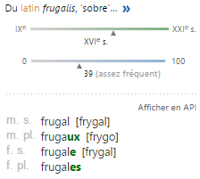 frugal-utilisation Origine latine et fréquence du mot “frugal” en français, avec prononciation phonétique et déclinaisons au masculin et féminin, singulier et pluriel.