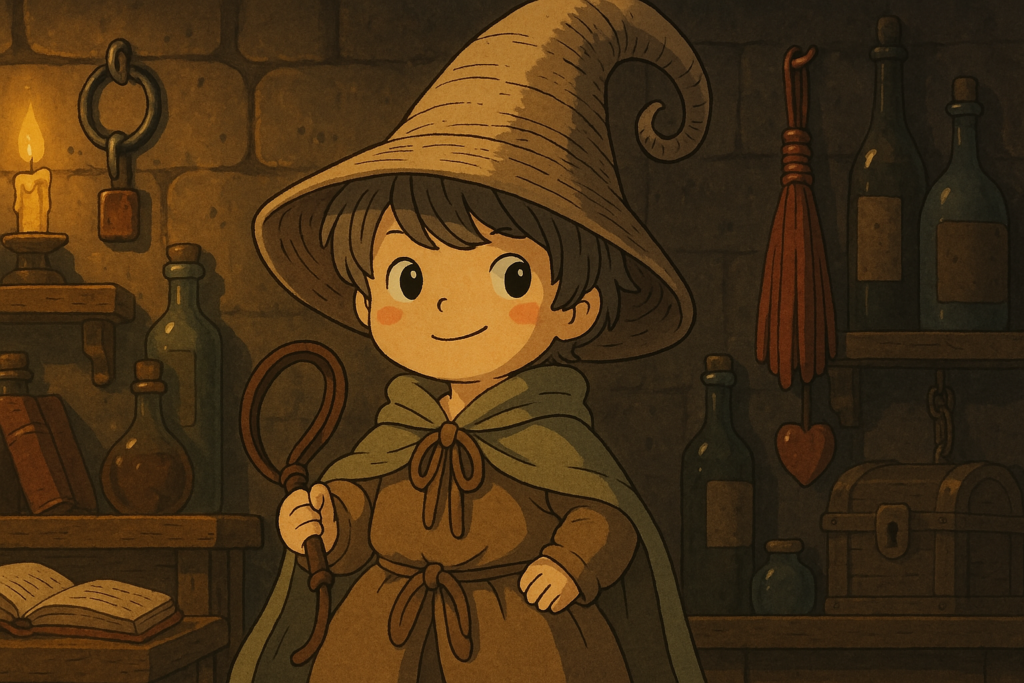 kink-traduction Éloi le Lexiqueur dans un atelier secret aux allures médiévales, tenant un objet énigmatique, entouré de fioles, grimoires et accessoires intrigants, illustrant le mot "kink" dans une ambiance Ghibli mystérieuse et suggestive.