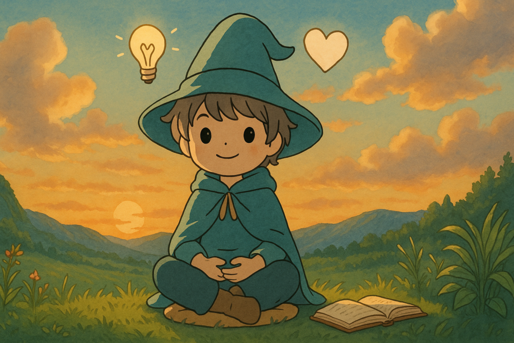 mindset-traduction Éloi le Lexiqueur médite sur un rocher au lever du soleil, entouré de symboles flottants comme des engrenages, des nuages et des flèches, illustrant le mot "mindset" dans un style Ghibli inspirant et introspectif.