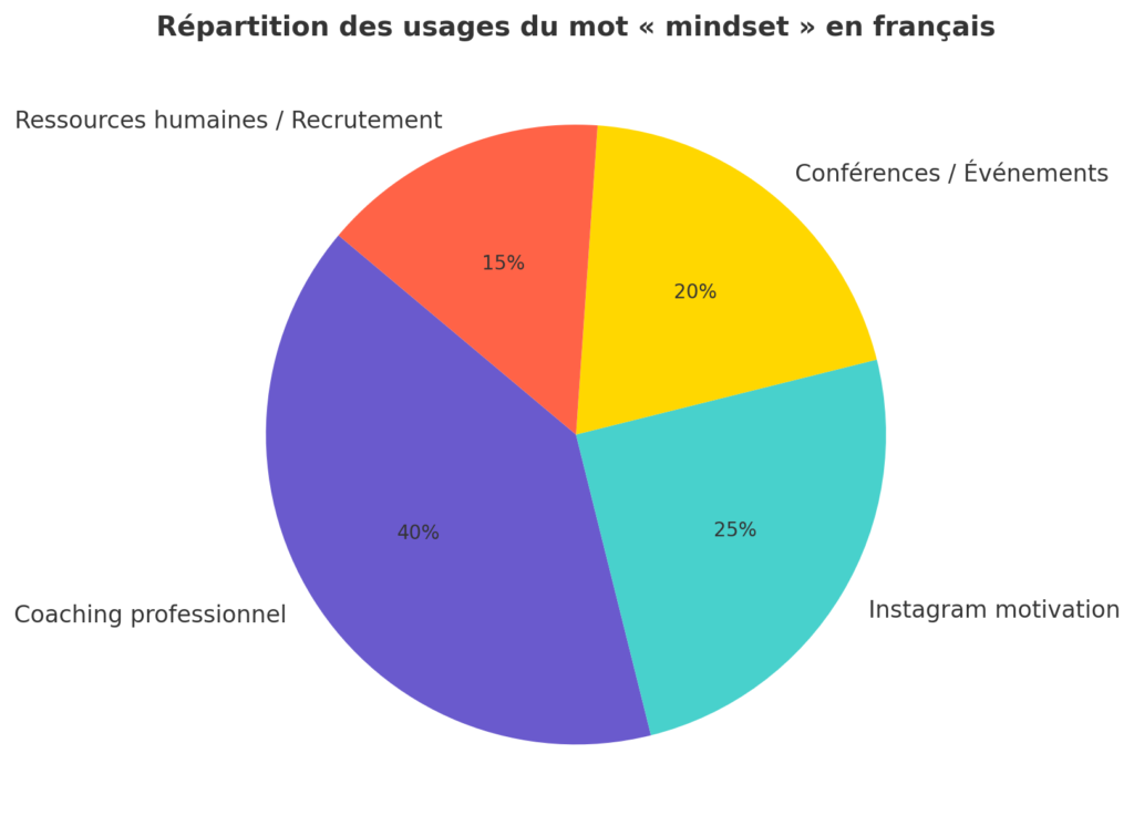 mindset-utilisation Graphique en camembert illustrant les usages du mot anglais « mindset » en français, avec 40 % en coaching professionnel, 30 % sur Instagram motivation, 20 % dans les conférences et 10 % en RH.