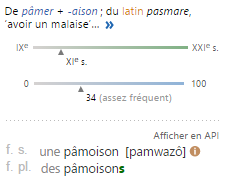 pamoison-utilisation Origine latine et fréquence du mot “pâmoison” en français, avec prononciation phonétique et formes au singulier et au pluriel féminin.