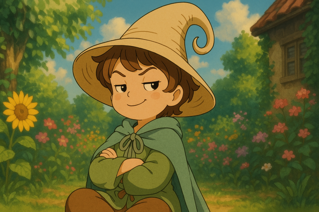 Éloi le Lexiqueur, bras croisés et regard espiègle, pose avec assurance dans un jardin fleuri et ensoleillé, illustrant le mot "sassy" en style Ghibli audacieux et malicieux.