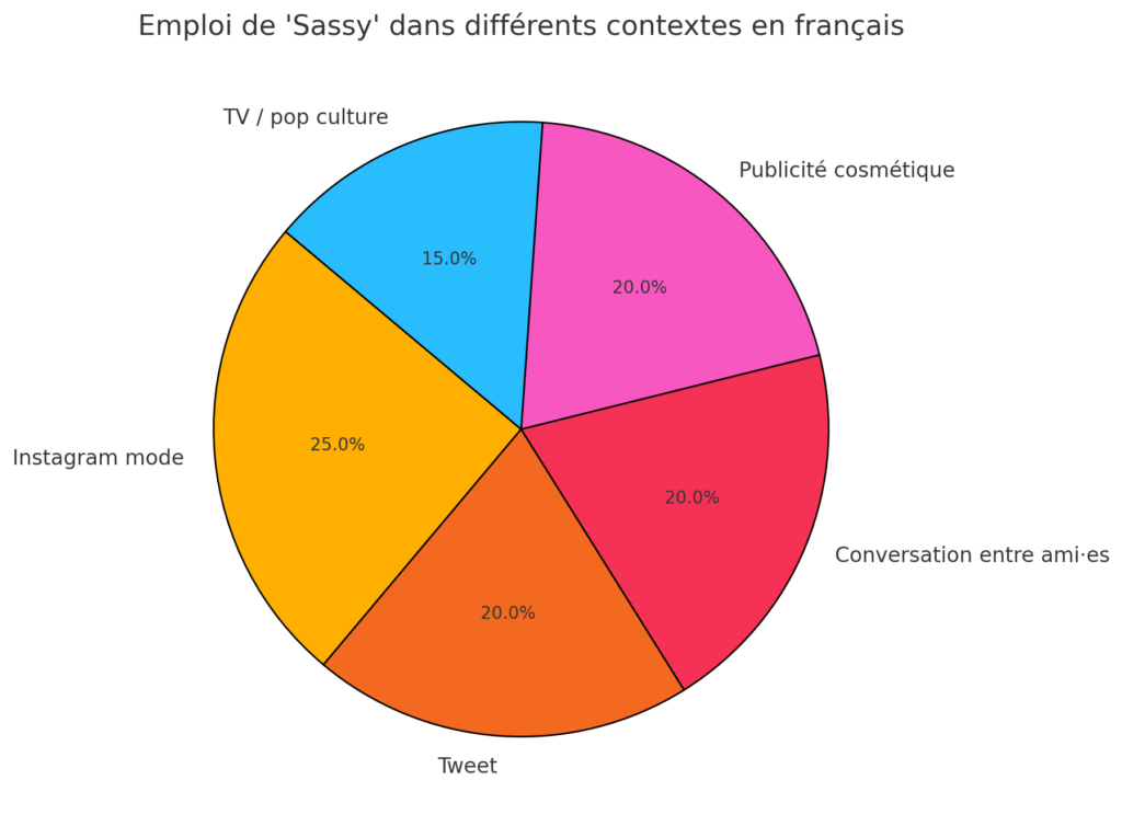 Graphique illustrant l’usage du mot 'sassy' dans la mode, les réseaux sociaux, la pub et les conversations en français