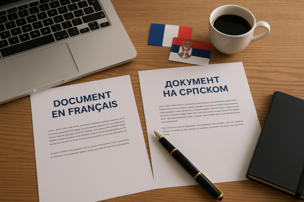 traduction-français-croate Deux documents posés sur un bureau en bois clair, l’un en français, l’autre en serbe, accompagnés des drapeaux français et serbe, d’un ordinateur portable, d’un stylo et d’une tasse de café dans une lumière naturelle professionnelle.