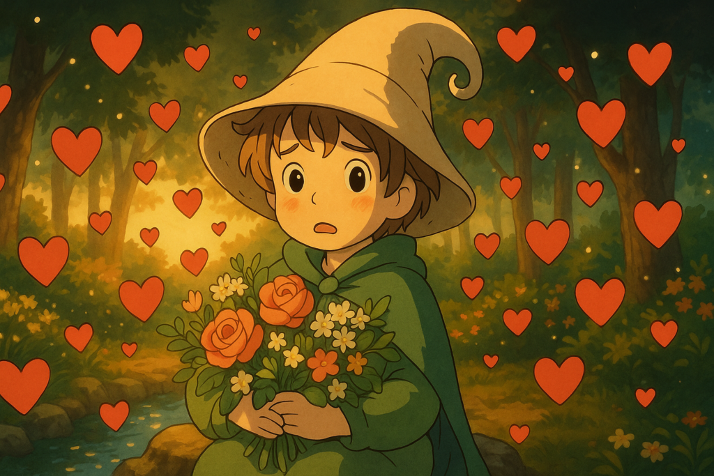 love-bombing-traduction Éloi le Lexiqueur, les bras chargés de lettres scintillantes et de fleurs volantes, s’approche d’une silhouette étonnée dans une clairière enchantée, illustrant le concept de "love bombing" avec douceur et mystère dans un style Ghibli onirique.