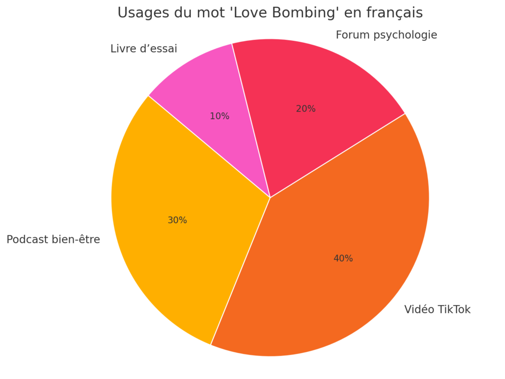 love-bombing-utilisation Graphique illustrant l’emploi du terme "love bombing" en français : 40 % sur TikTok et les réseaux sociaux, 25 % dans les podcasts bien-être, 20 % dans les forums de psychologie, 15 % dans les livres et articles sur les relations toxiques.
