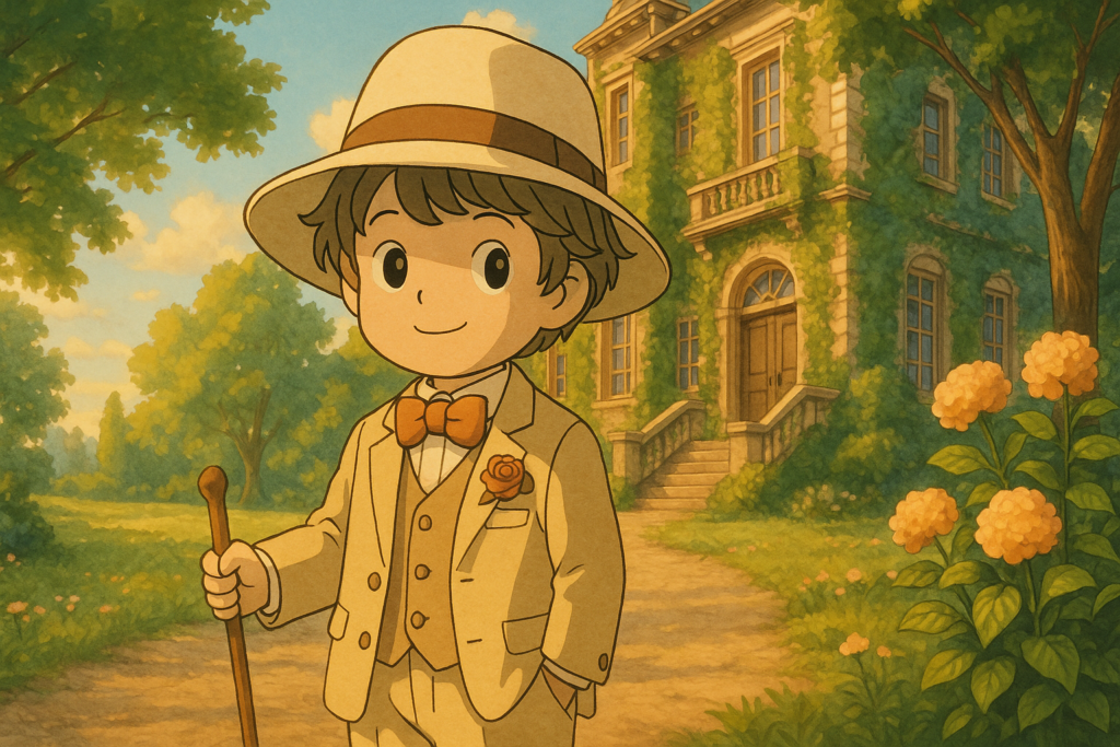 Éloi le Lexiqueur, vêtu d’un costume élégant et d’un chapeau vintage, pose devant un manoir luxuriant entouré de jardins fleuris, illustrant le mot "old money" dans un style Ghibli raffiné et intemporel.