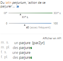 parjure-utilisation Origine latine et fréquence du mot “parjure” en français, avec prononciation phonétique et déclinaisons au masculin et féminin, singulier et pluriel.