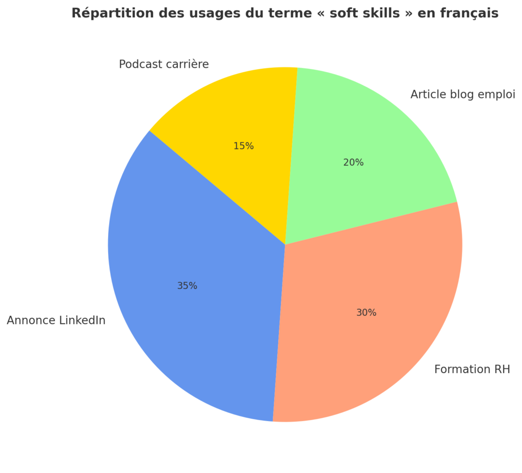 soft-skills-utilisation Graphique en camembert montrant la répartition des usages du mot 'soft skills' en français : annonces LinkedIn, formations RH, articles de blog emploi et podcasts carrière.