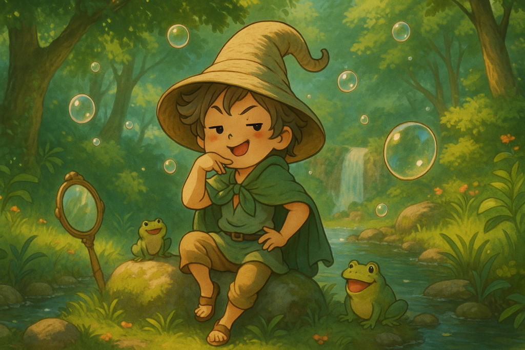 thirst-trap-traduction Éloi le Lexiqueur pose malicieusement sur un rocher au bord d’un ruisseau magique, entouré de bulles, d’un miroir ancien et de grenouilles amusées, illustrant le mot "thirst trap" dans un style Ghibli espiègle et poétique.