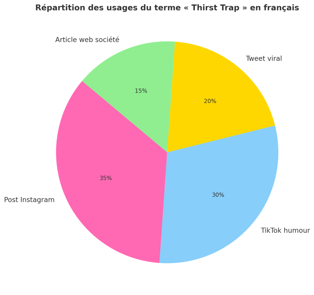 thirst-trap-utilisation Graphique camembert montrant les usages du terme 'thirst trap' en français sur Instagram, TikTok, Twitter et dans les articles web.