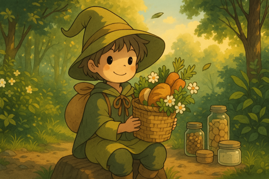Éloi le Lexiqueur trie des objets dans un marché en plein air, entouré de bocaux réutilisables, de tissus, de paniers et de plantes locales, illustrant le concept de "zéro déchet" dans un univers Ghibli bucolique et responsable.