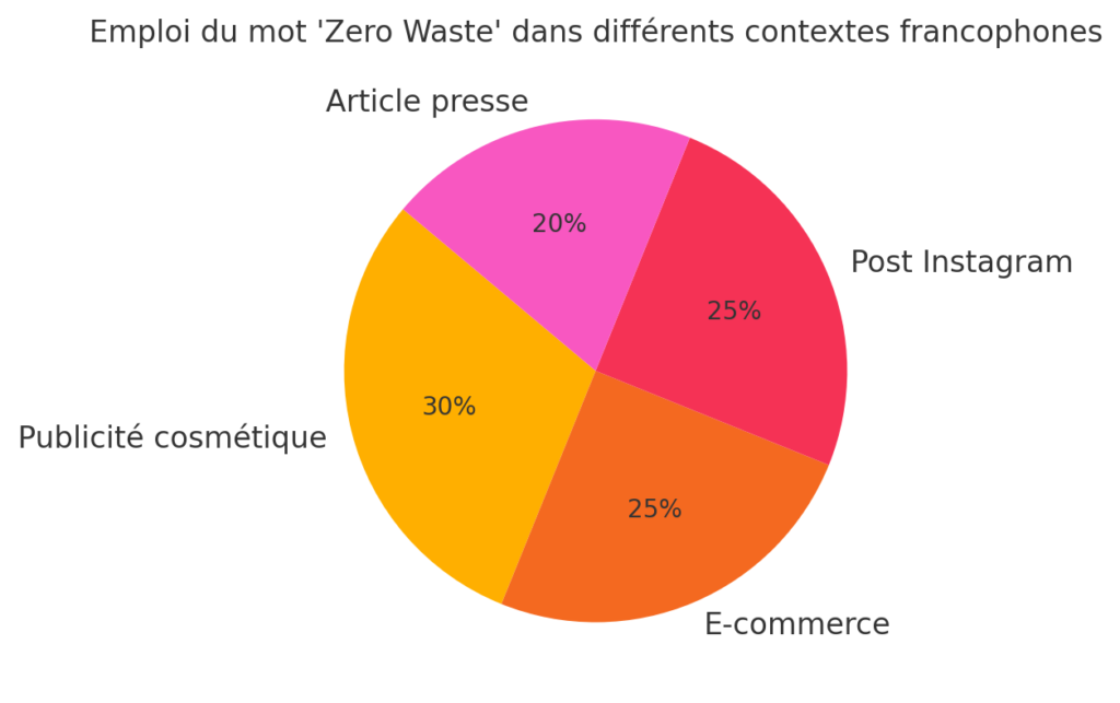 Graphique circulaire montrant les usages du mot "Zero Waste" en français : 30 % en publicité cosmétique, 25 % en e-commerce, 25 % sur Instagram et 20 % dans la presse.