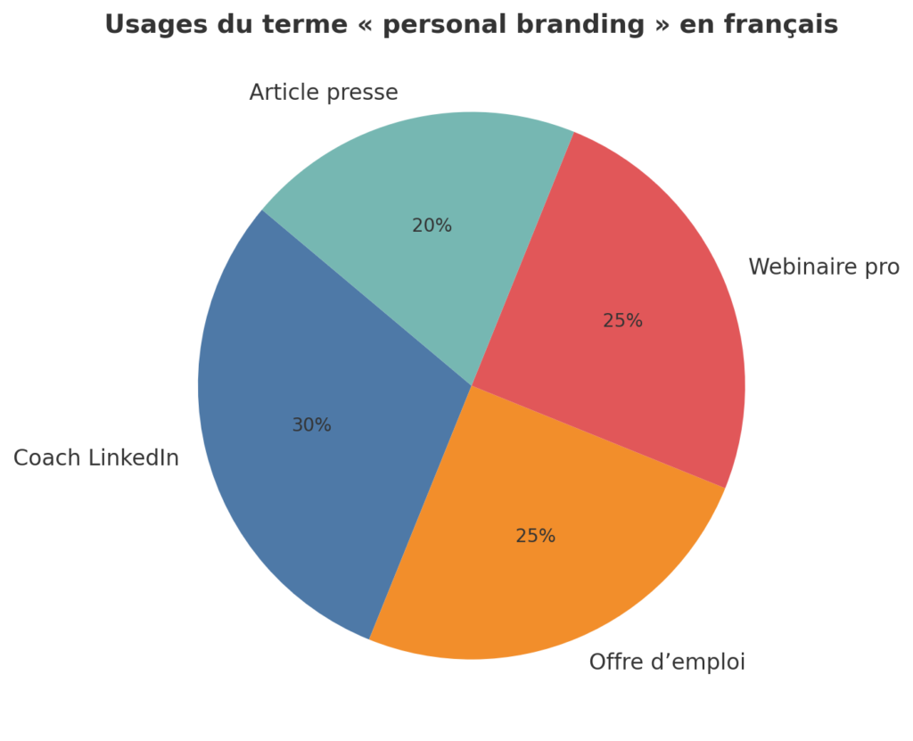 personal-branding-utilisation Infographie illustrant les usages du terme 'personal branding' en français : coaching professionnel, offres d’emploi, webinaires pour freelances et articles de presse spécialisés.