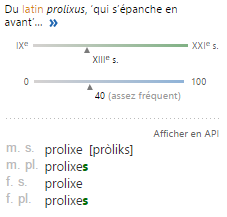 prolixe-utilisation Étymologie et fréquence du mot « prolixe » : issu du latin prolixus, utilisé depuis le XIIIᵉ siècle, avec une fréquence d’usage modérée.