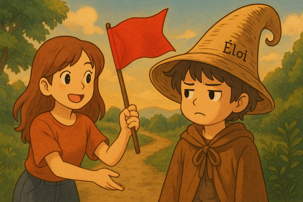 Illustration façon Studio Ghibli mettant en scène Éloi le Lexiqueur sur un chemin de campagne, l’air méfiant, tandis qu’une jeune fille enthousiaste brandit un drapeau rouge. Les tons chauds du crépuscule et la végétation environnante créent une atmosphère à la fois poétique et symbolique du concept de red flag.